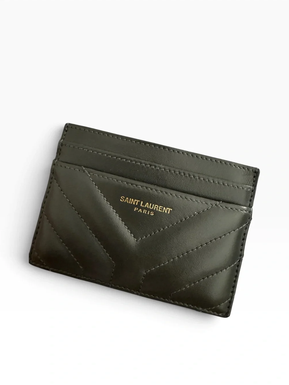 Saint Laurent Gray Quilted Leather Card Slot Holder with Gold Logo